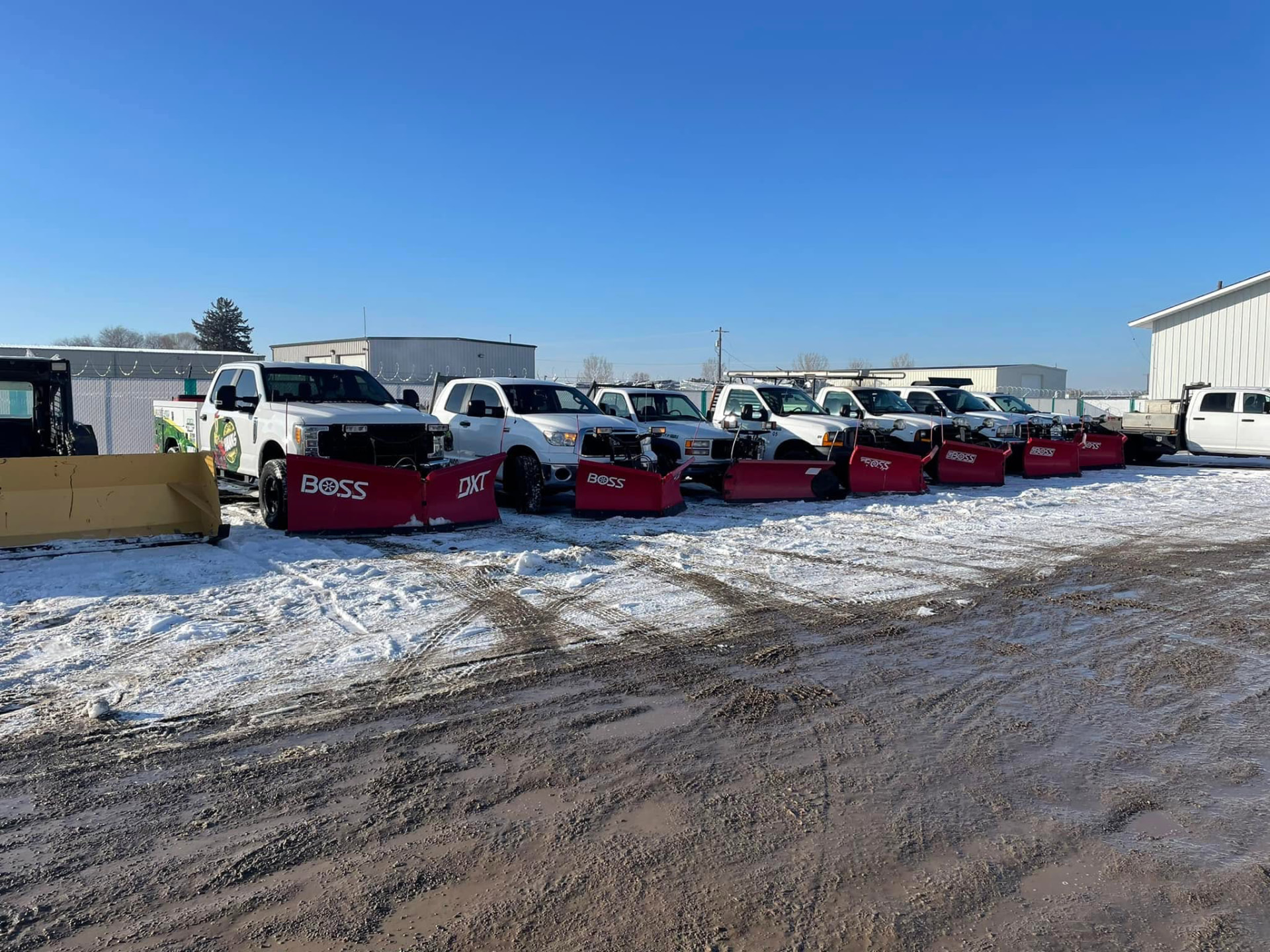 Row of white BOSS snow plow trucks parked on a snowy lot