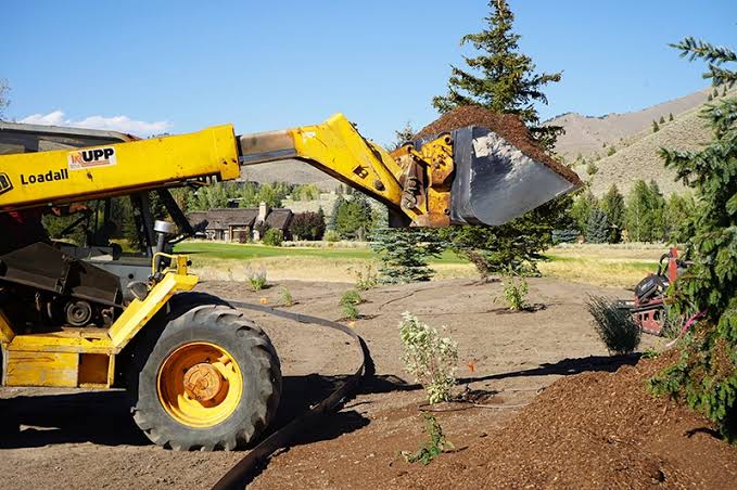 Large landscaping project with loader spreading mulch