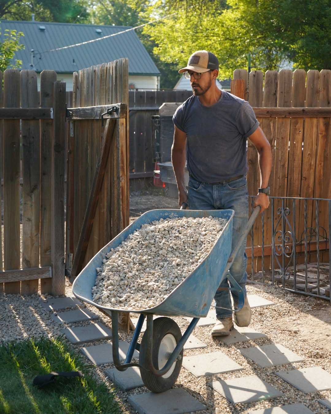Landscaper wheeling a full wheelbarrow of gravel along a stone pathway