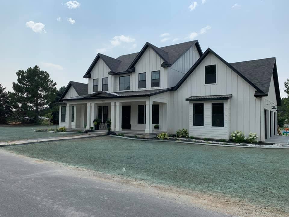 Modern farmhouse with freshly hydroseeded lawn