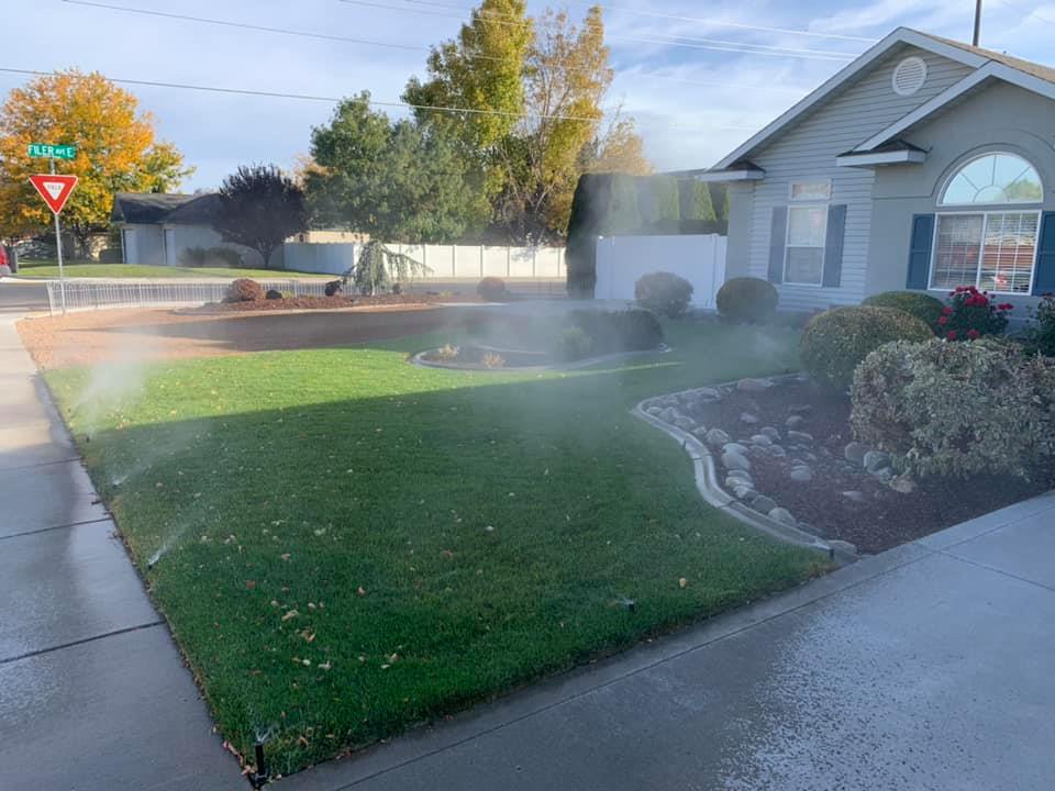 front yard with new landscaping and running sprinklers